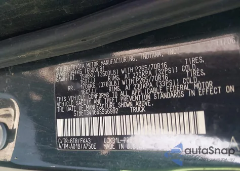 2006 Toyota Tundra Sr5 V8 z USA, uszkodzony, nr VIN 5TBET34166S556992